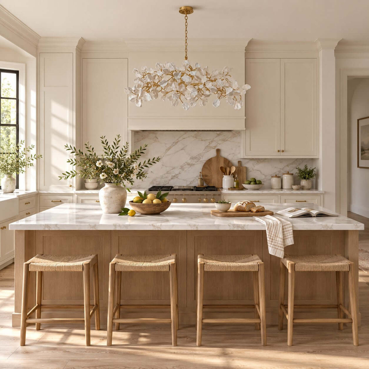 Cream kitchen with an unlit Clérachic chandelier of white petals above a pale wood island with rush-seat stools.