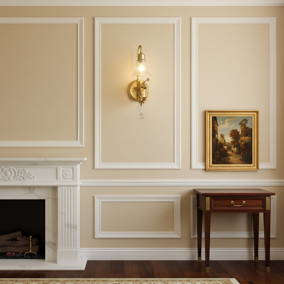 Small Clérachic gold cherub wall light on a cream panelled wall, between a framed landscape and a white fireplace.