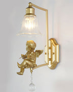 Clérachic gold wall light with a square arm, a violin-playing cherub, a clear shade and a shaped backplate.