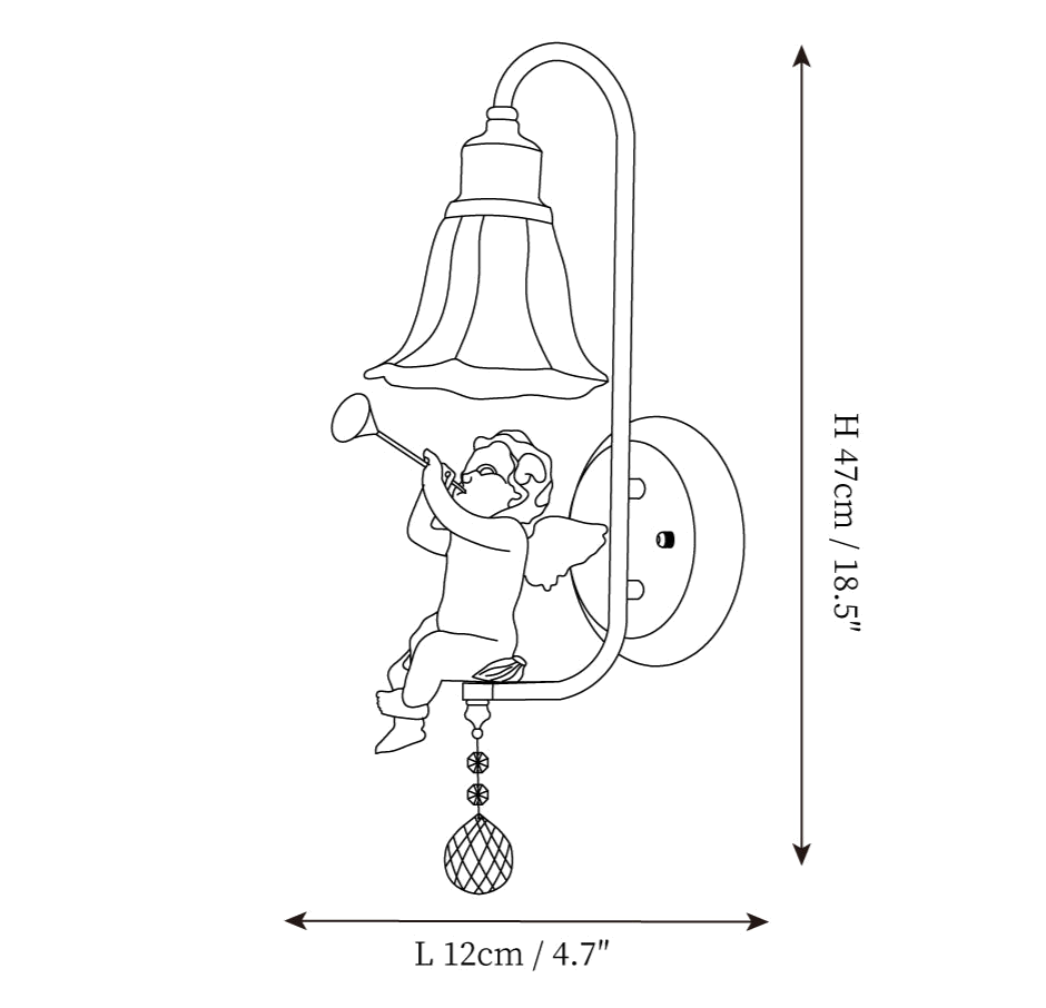Clérachic wall light dimension drawing, 1 of 4, every measurement marked in centimetres and inches.