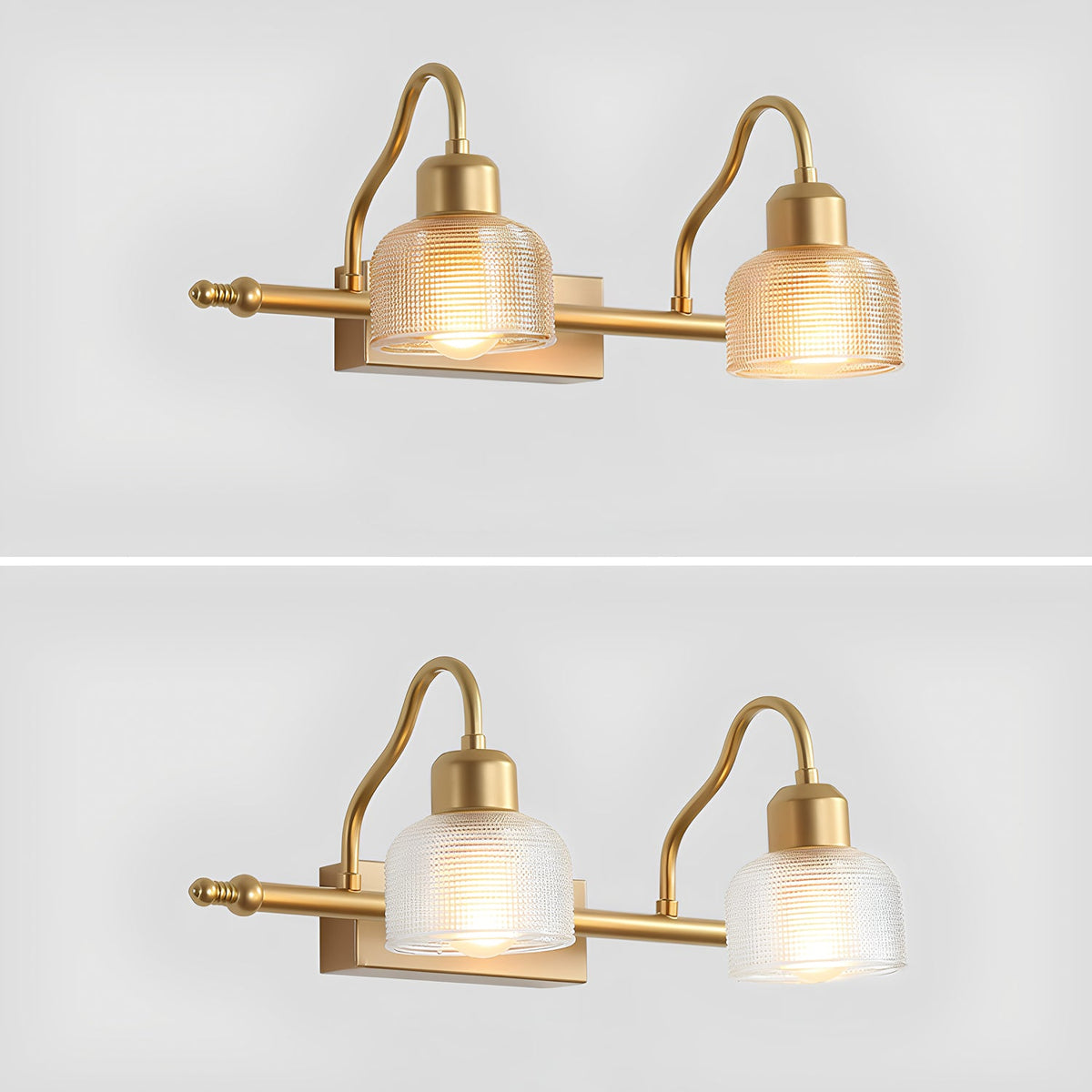 Two-light Clérachic wall lamp shown twice on a pale grey backdrop, once with amber glass shades and once with clear ribbed glass.