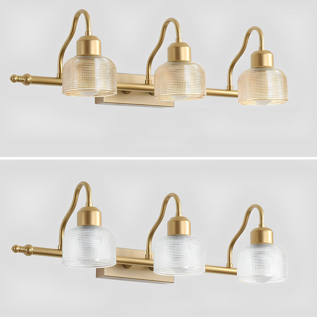 Unlit three-light Clérachic wall lamp in two versions, with clear ribbed glass shades on the top row and a more frosted look below.