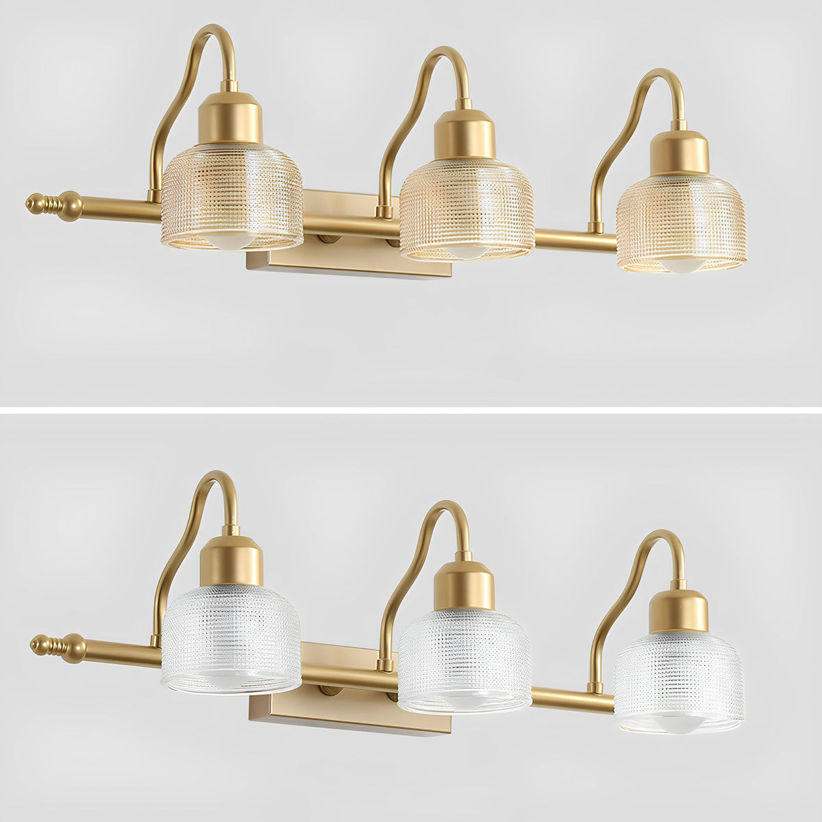Unlit three-light Clérachic wall lamp in two versions, with clear ribbed glass shades on the top row and a more frosted look below.