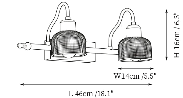 Clérachic wall light dimension drawing, 1 of 3, every measurement marked in centimetres and inches.