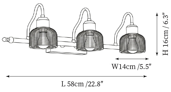 Clérachic wall light dimension drawing, 2 of 3, every measurement marked in centimetres and inches.
