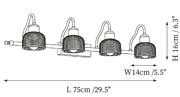 Clérachic wall light dimension drawing, 3 of 3, every measurement marked in centimetres and inches.