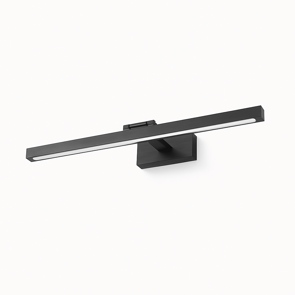 Clérachic wall lamp in black, a slim horizontal LED bar on a rectangular base, shown at an angle against white.