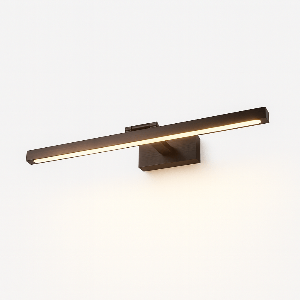 Clérachic wall lamp in bronze-brown, its LED strip glowing warmly along the horizontal bar.