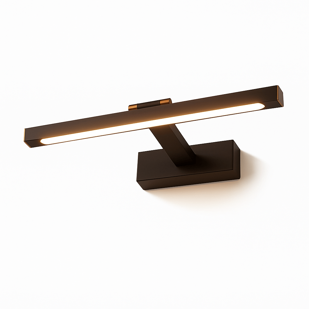 Clérachic wall lamp in bronze-brown, its LED strip lit warmly along the full bar in a studio shot on white.