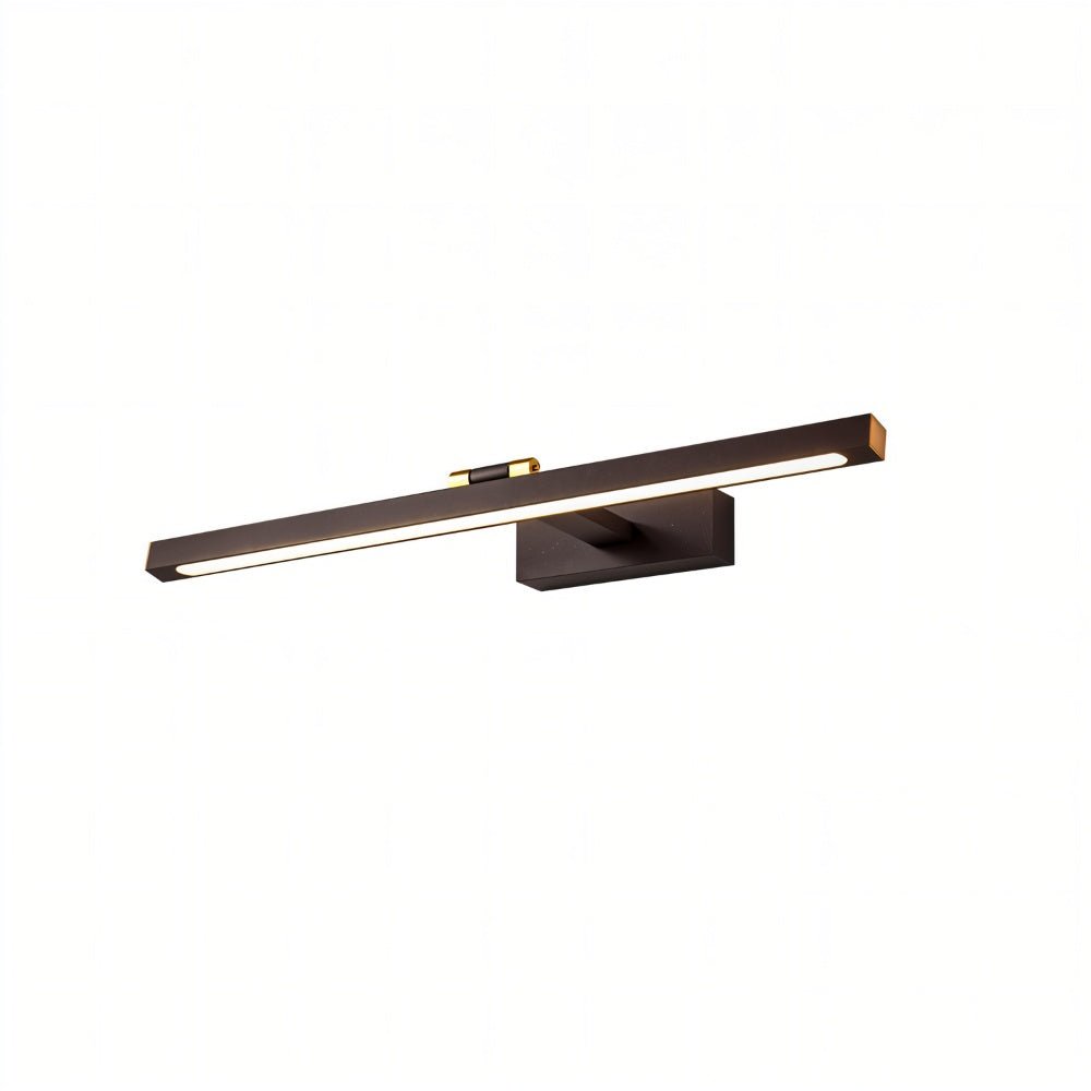 Clérachic wall lamp in bronze-brown with brass end caps, its LED strip lit softly along the bar in a studio shot.