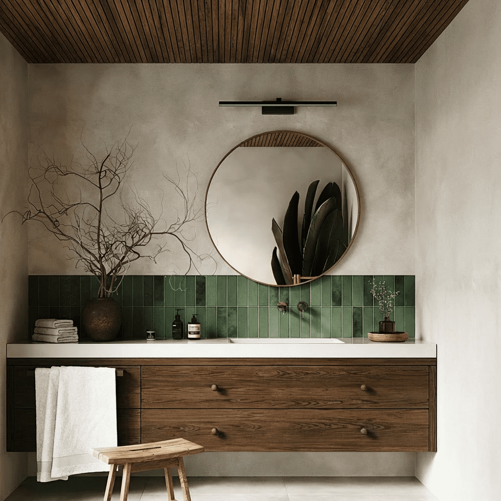 Clérachic black linear wall light mounted above a round mirror in a green-tiled bathroom with wood cabinetry.