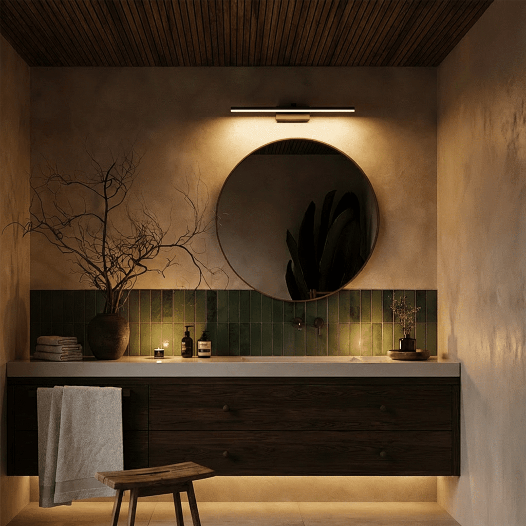 Clérachic black linear wall light glowing warmly above a round mirror in a green-tiled bathroom at dusk.
