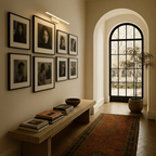 Clérachic white linear wall light mounted above a gallery wall of framed portraits in a sunlit hallway.