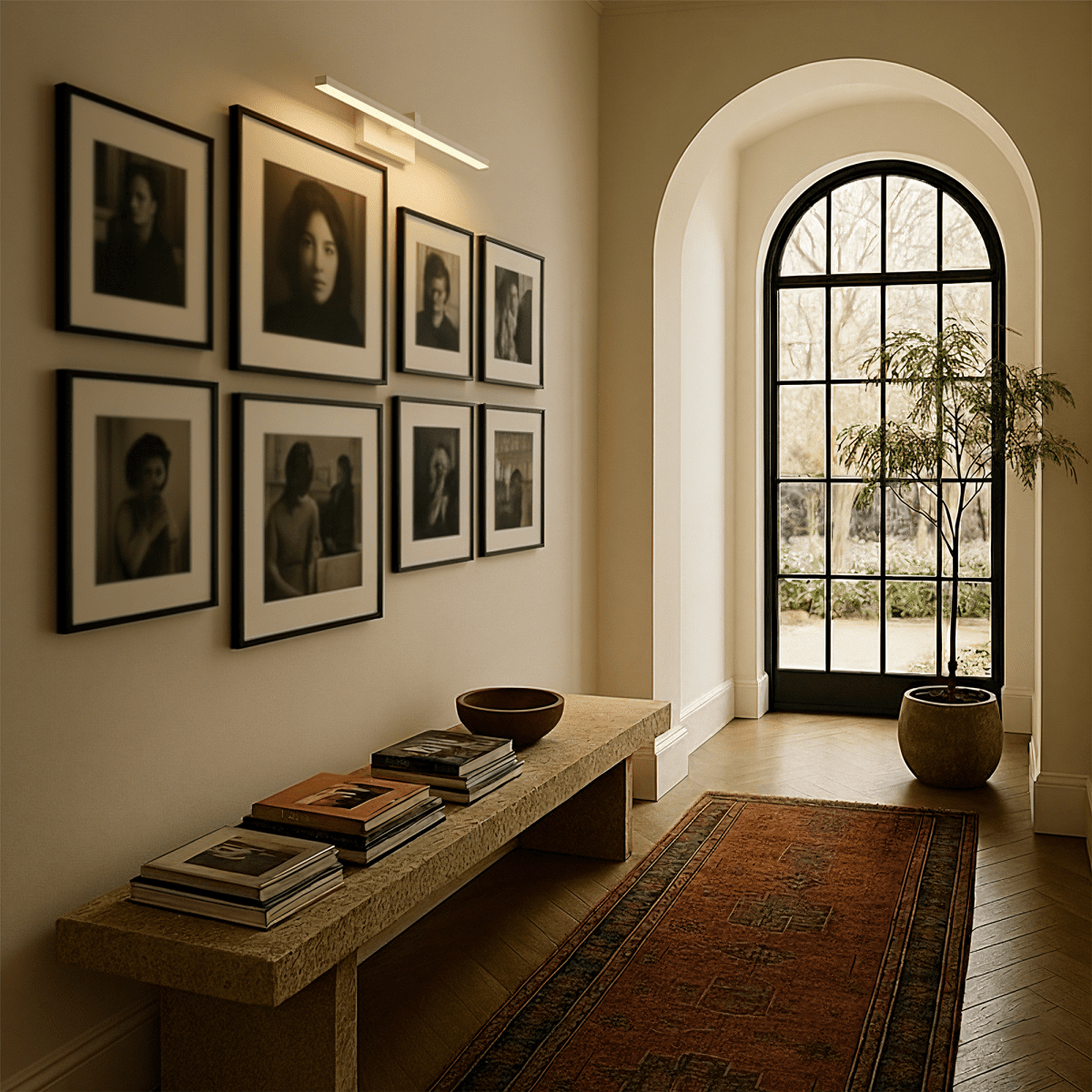 Clérachic white linear wall light mounted above a gallery wall of framed portraits in a sunlit hallway.