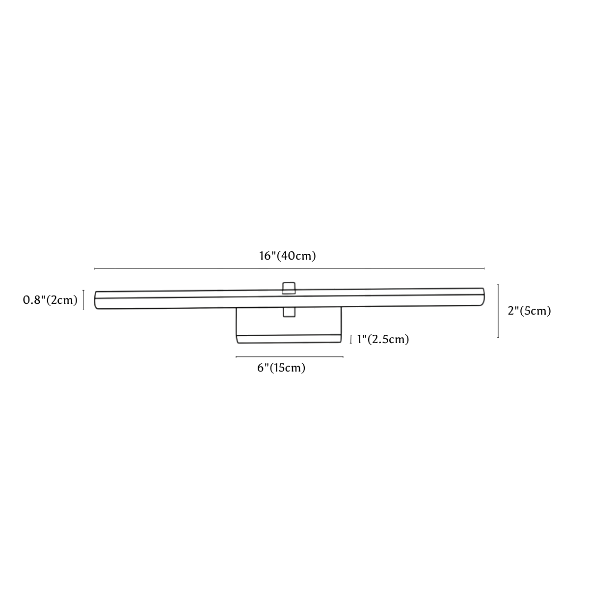 Clérachic wall light dimension drawing, 40 cm, every measurement marked in centimetres and inches.