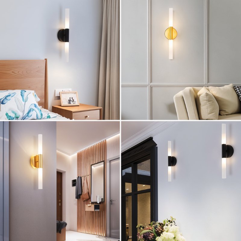 A four-part grid shows the Clérachic Ena wall lamp in gold and black across bedroom, hall and living settings.