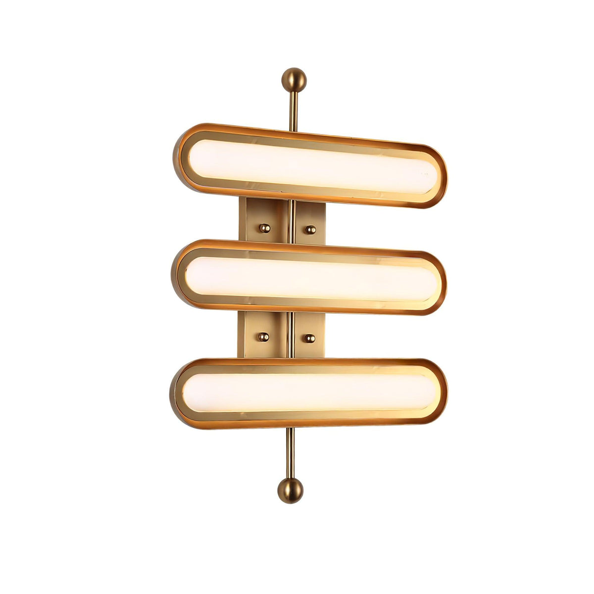On a white backdrop, three stacked frosted capsule lights in gold rims run along a gold backplate and a rod with round ends, from Clérachic.