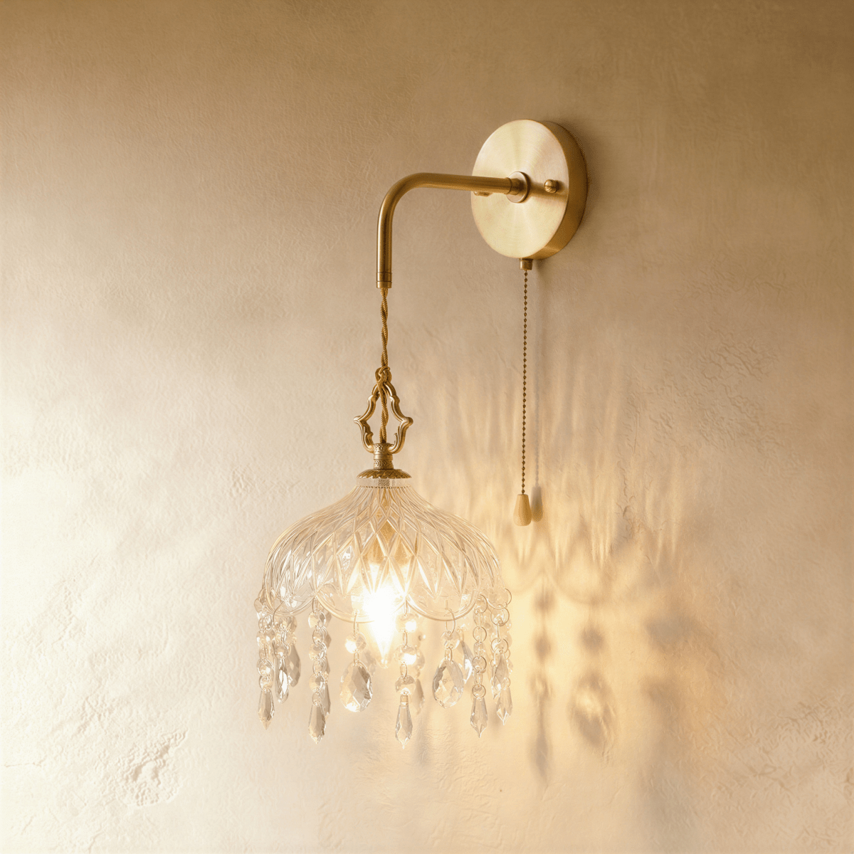 Clérachic wall lamp lit warm, its cut-glass shade and crystal drops casting patterned shadows on a plaster wall.