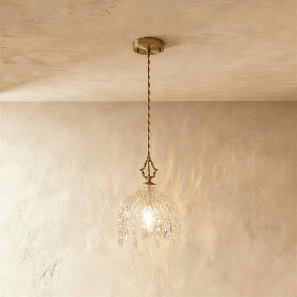 Clérachic pendant lamp with a cut-glass dome, crystal drops and a gold canopy on a twisted cord, lit warm.