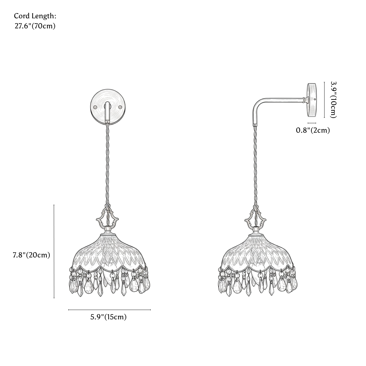 Clérachic wall light dimension drawing, 15 cm, every measurement marked in centimetres and inches.