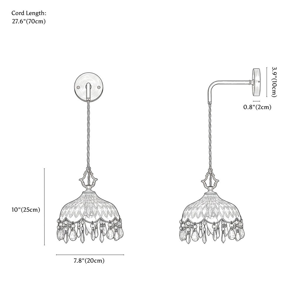 Clérachic wall light dimension drawing, 20 cm, every measurement marked in centimetres and inches.