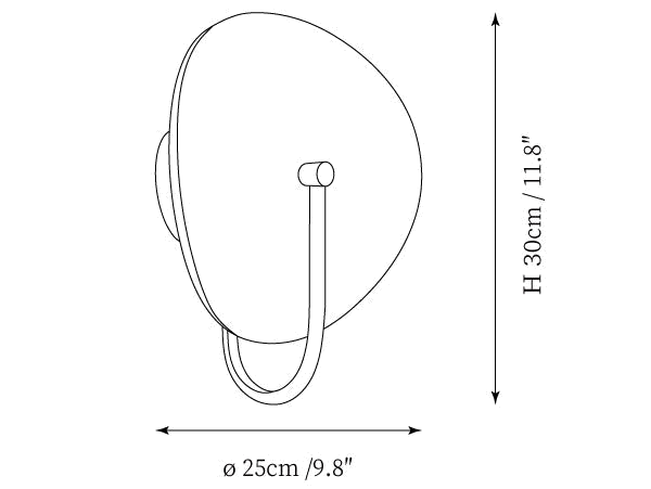 Clérachic wall light dimension drawing, every measurement marked in centimetres and inches.