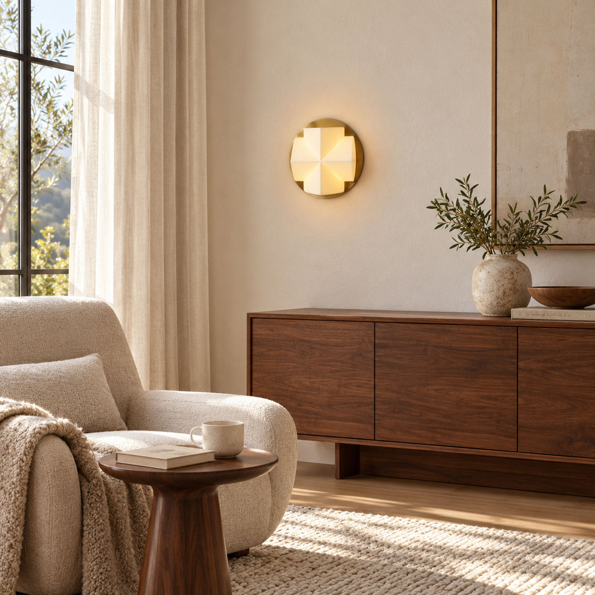 Lit gold-and-white Clérachic sconce on a warm neutral wall, with an armchair, a walnut sideboard and a vase of olive branches.