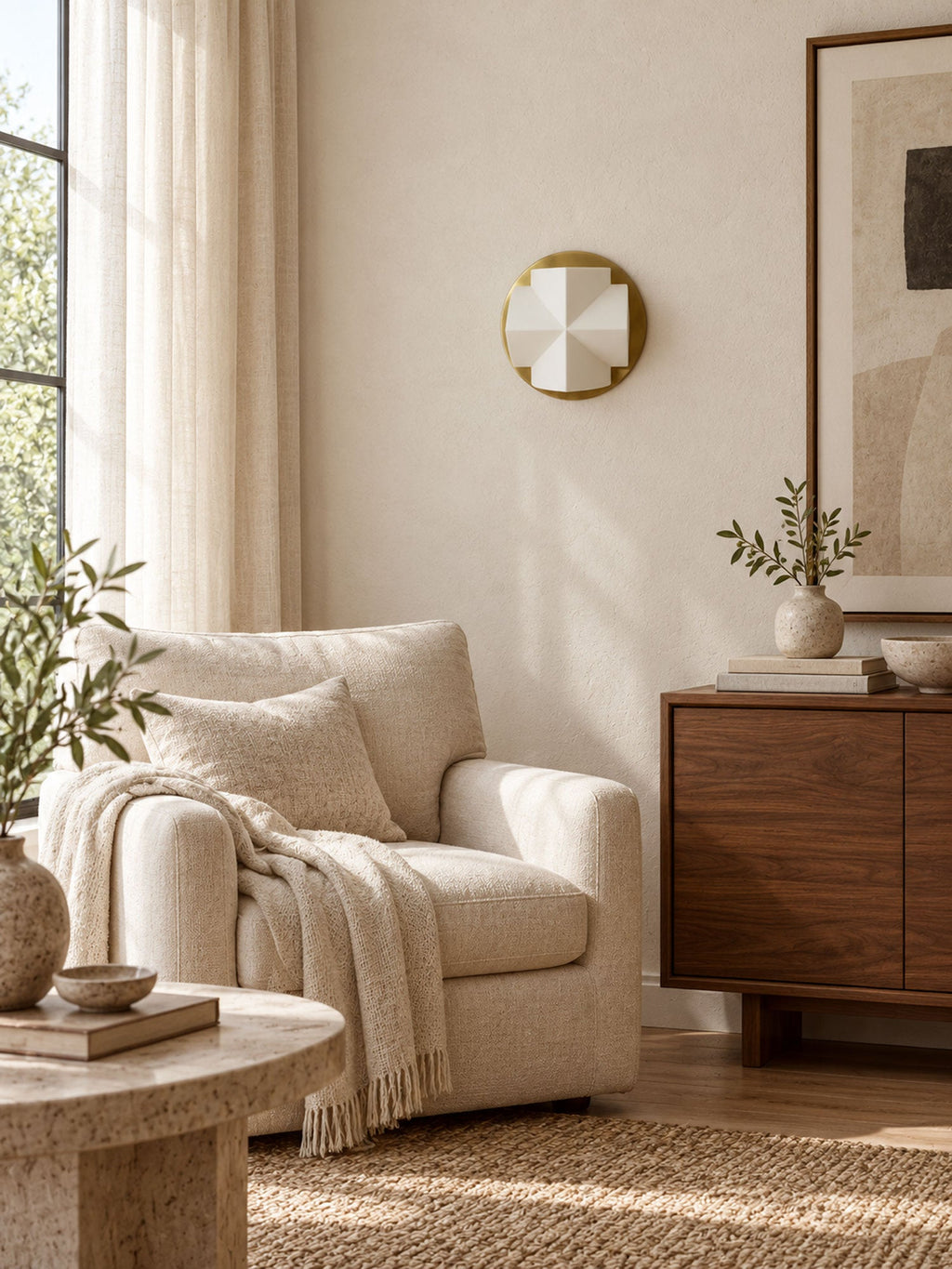 An unlit white Clérachic wall sconce on a gold disc, hung above a cream armchair with a throw in a bright, curtained room.