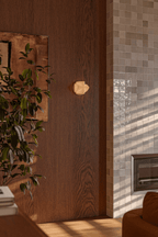 A tiny cream Clérachic wall light on a wood-panelled wall beside a glazed tile fireplace surround and a leafy plant.