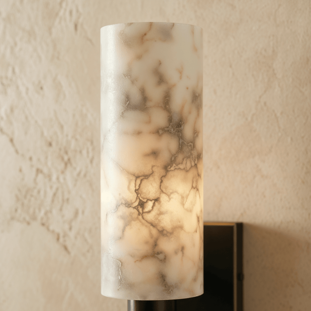Close view of the Clérachic alabaster wall sconce's veined stone shade, lit from within to show its natural markings.