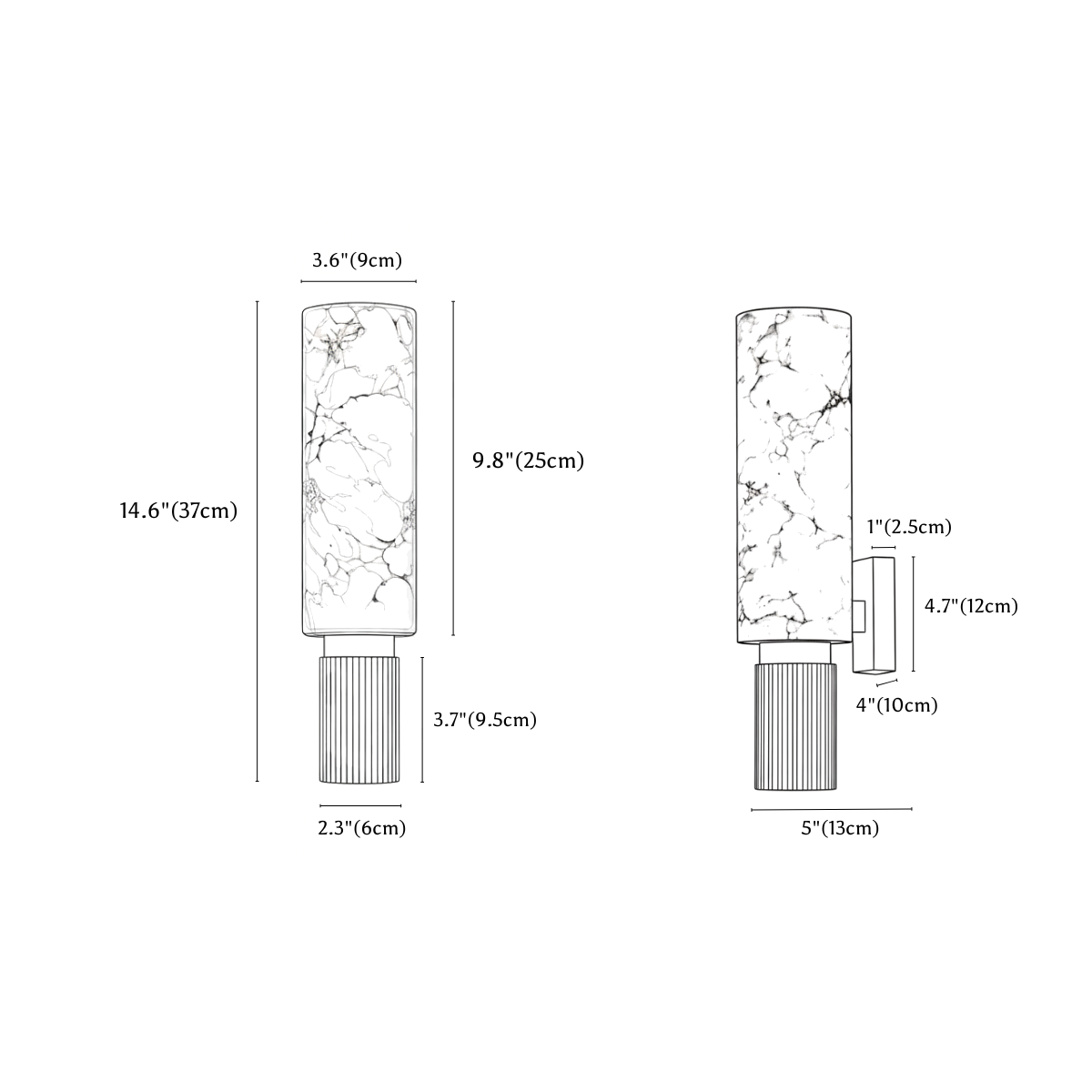 Clérachic wall sconce dimension drawing, 1, every measurement marked in centimetres and inches.