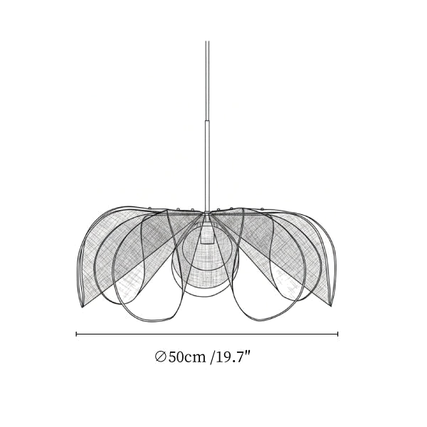 Clérachic pendant light dimension drawing, 1 of 3, every measurement marked in centimetres and inches.