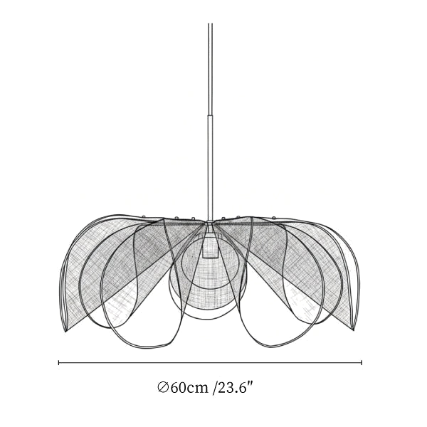 Clérachic pendant light dimension drawing, 2 of 3, every measurement marked in centimetres and inches.