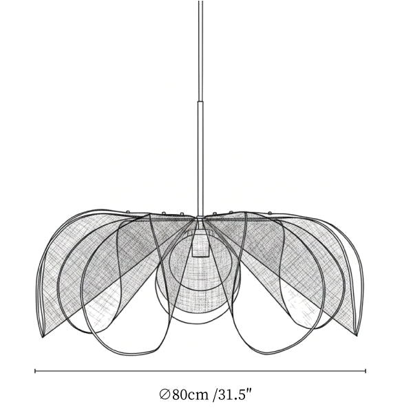 Clérachic pendant light dimension drawing, 3 of 3, every measurement marked in centimetres and inches.