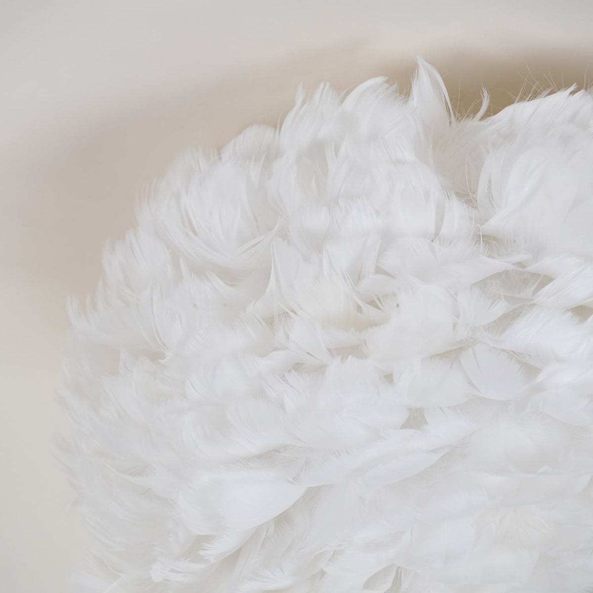 Close view of soft white goose feathers layered on the shade of this Clérachic ceiling light.