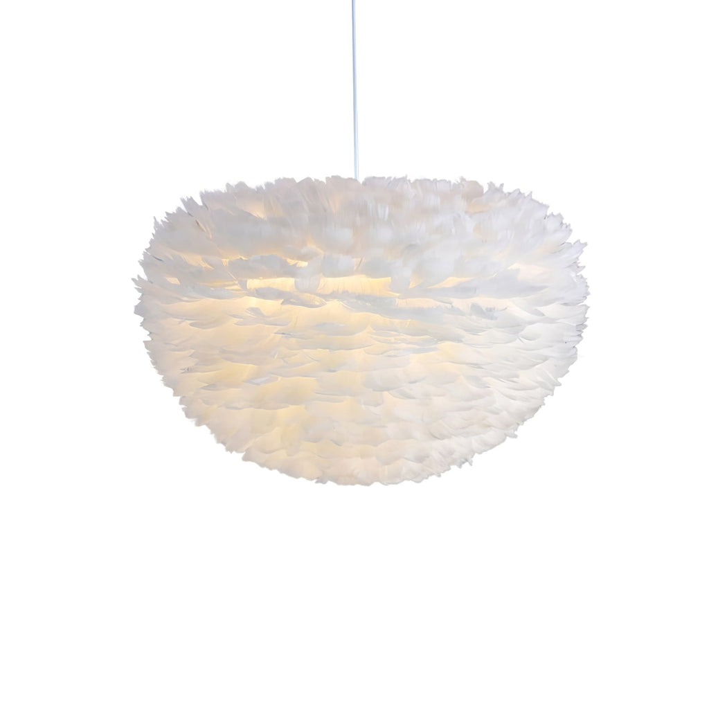 A Clérachic feather pendant with a deep dome shape, unlit, hanging on a white cable against a white backdrop.