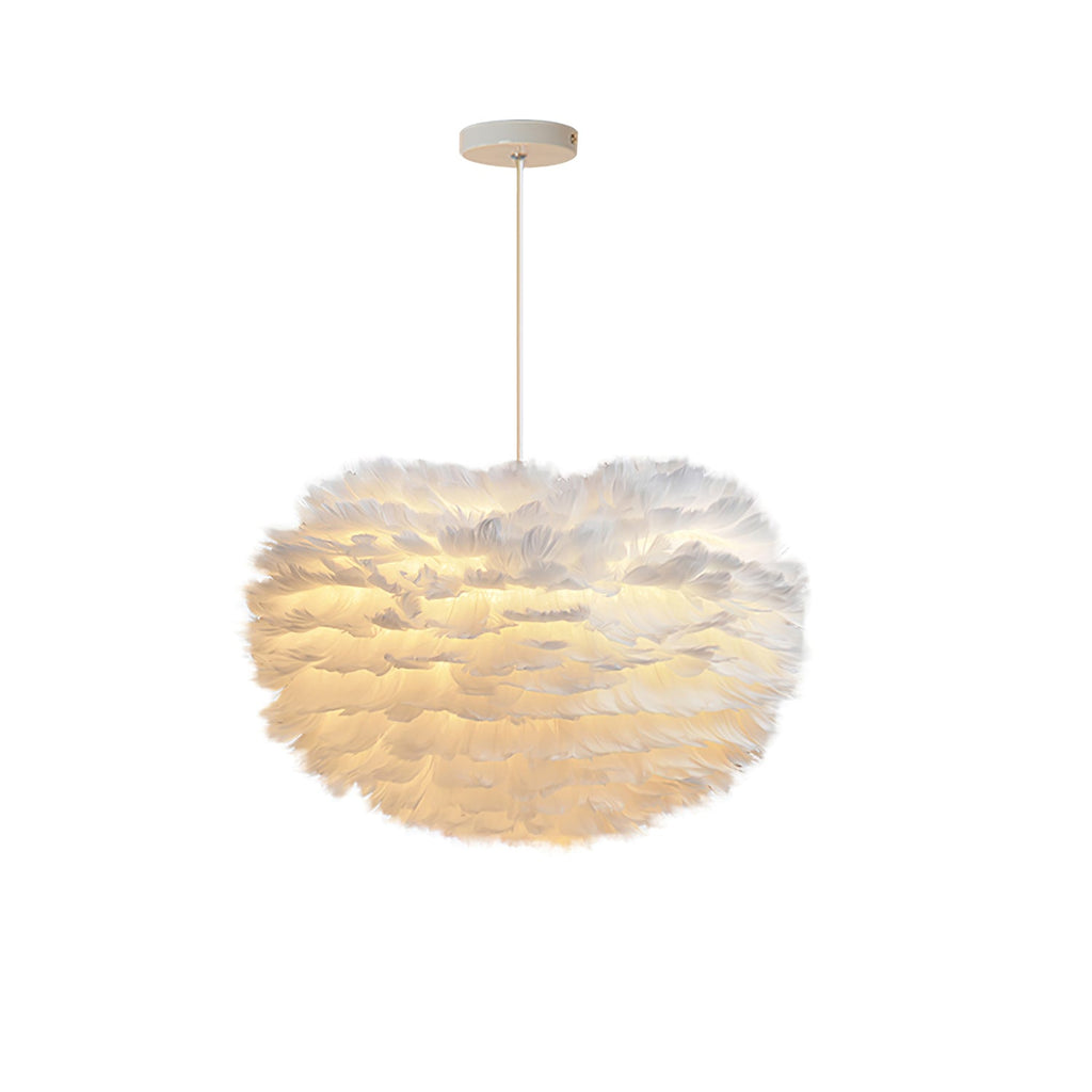 A lit Clérachic feather pendant with a white ceiling plate and a short rod, shown on a plain white background.