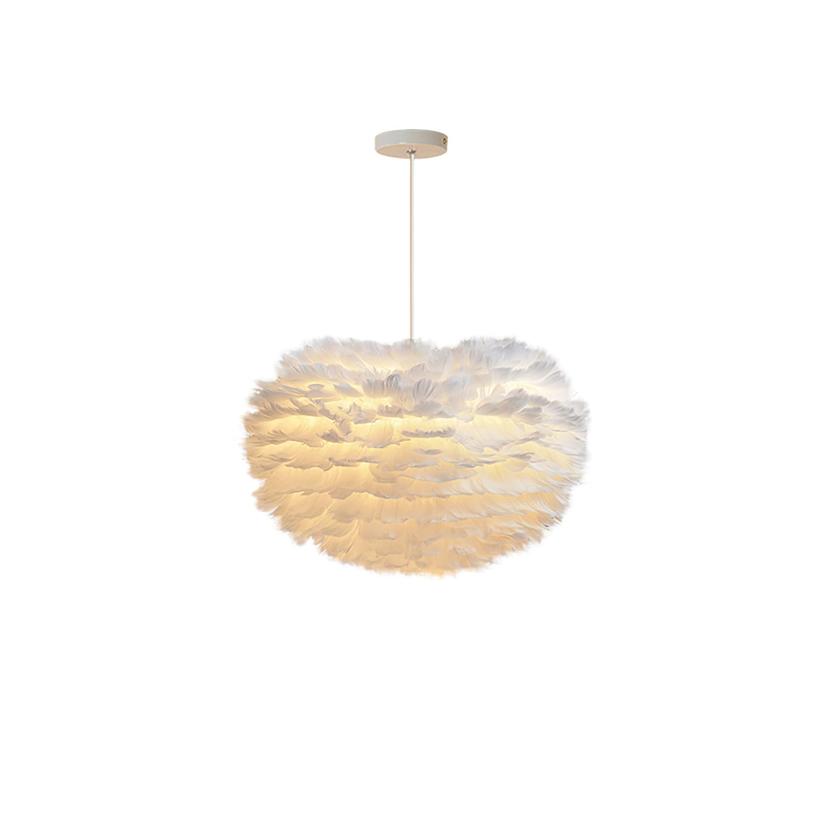 A smaller lit Clérachic feather pendant with a round white ceiling plate, shown on a plain white background.
