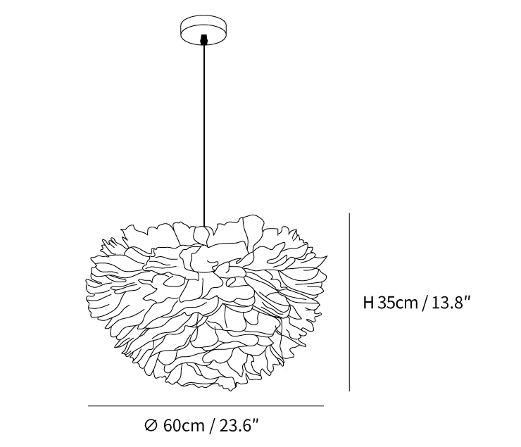 Clérachic pendant light dimension drawing, 1 of 2, every measurement marked in centimetres and inches.