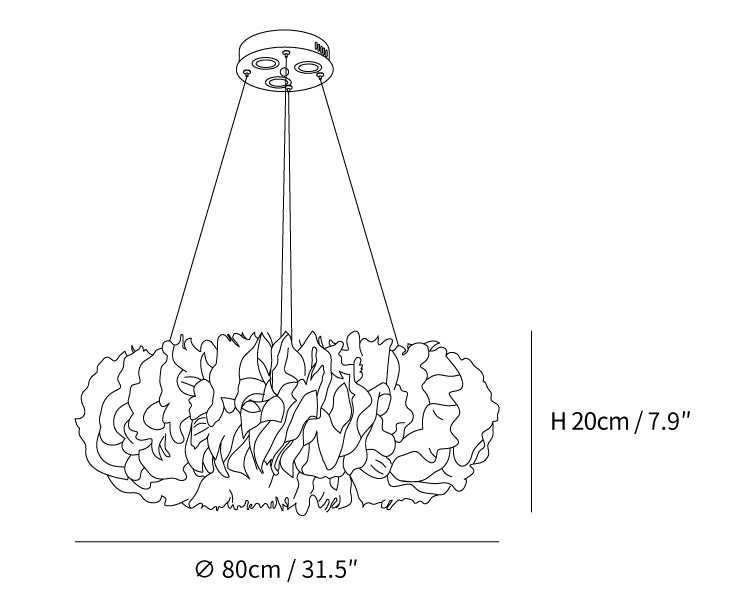 Clérachic pendant light dimension drawing, 2 of 2, every measurement marked in centimetres and inches.