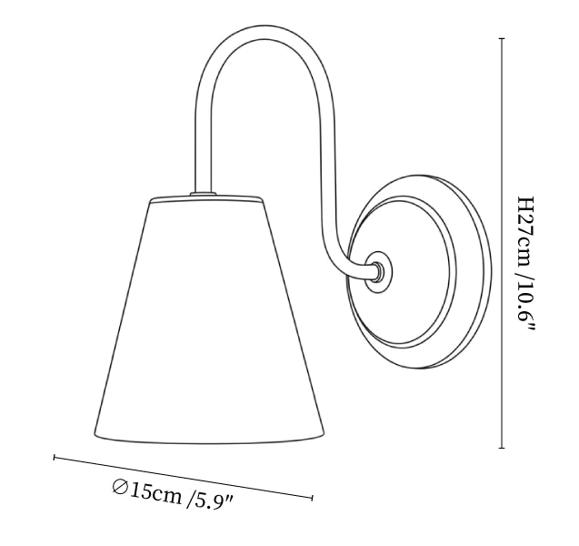 Clérachic wall light dimension drawing, every measurement marked in centimetres and inches.