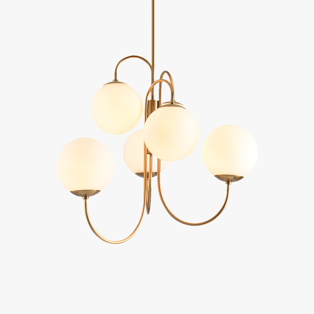 Product shot of the Clérachic gold gooseneck chandelier against a white backdrop, showing its opal glass globes and curved brass arms.
