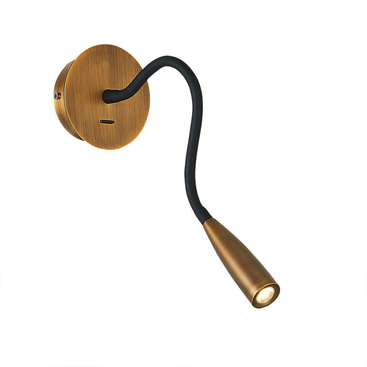 Bronze Clérachic wall light on a white backdrop, with a round backplate, a black flexible arm and a tapered spot head.