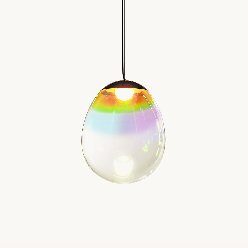 A single Clérachic glass pendant on a plain white backdrop, its clear teardrop shade banded with rainbow colour near a dark top cap.