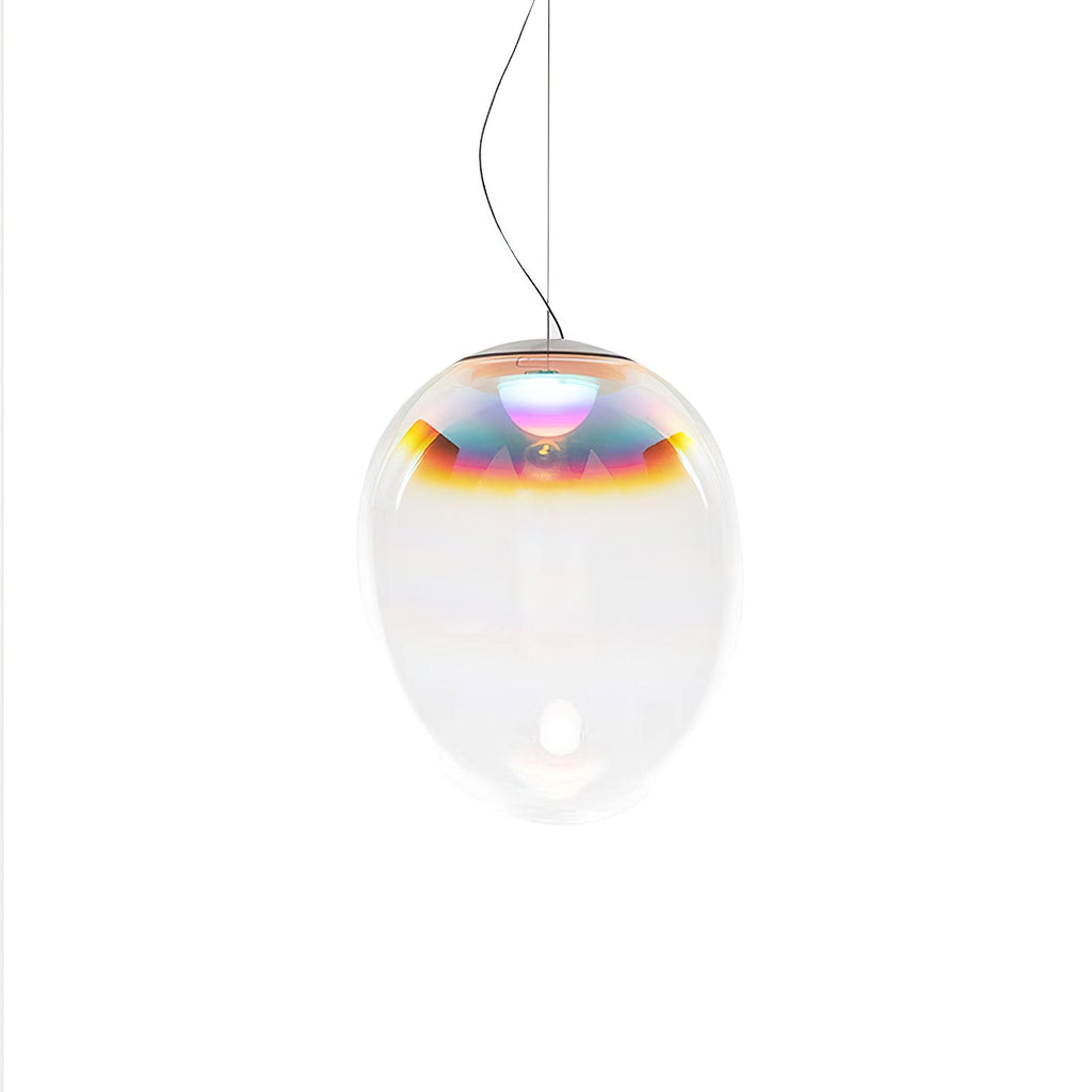 A Clérachic clear glass pendant on white with a thin cord, its rounded shade showing a band of red, pink and blue near the top.