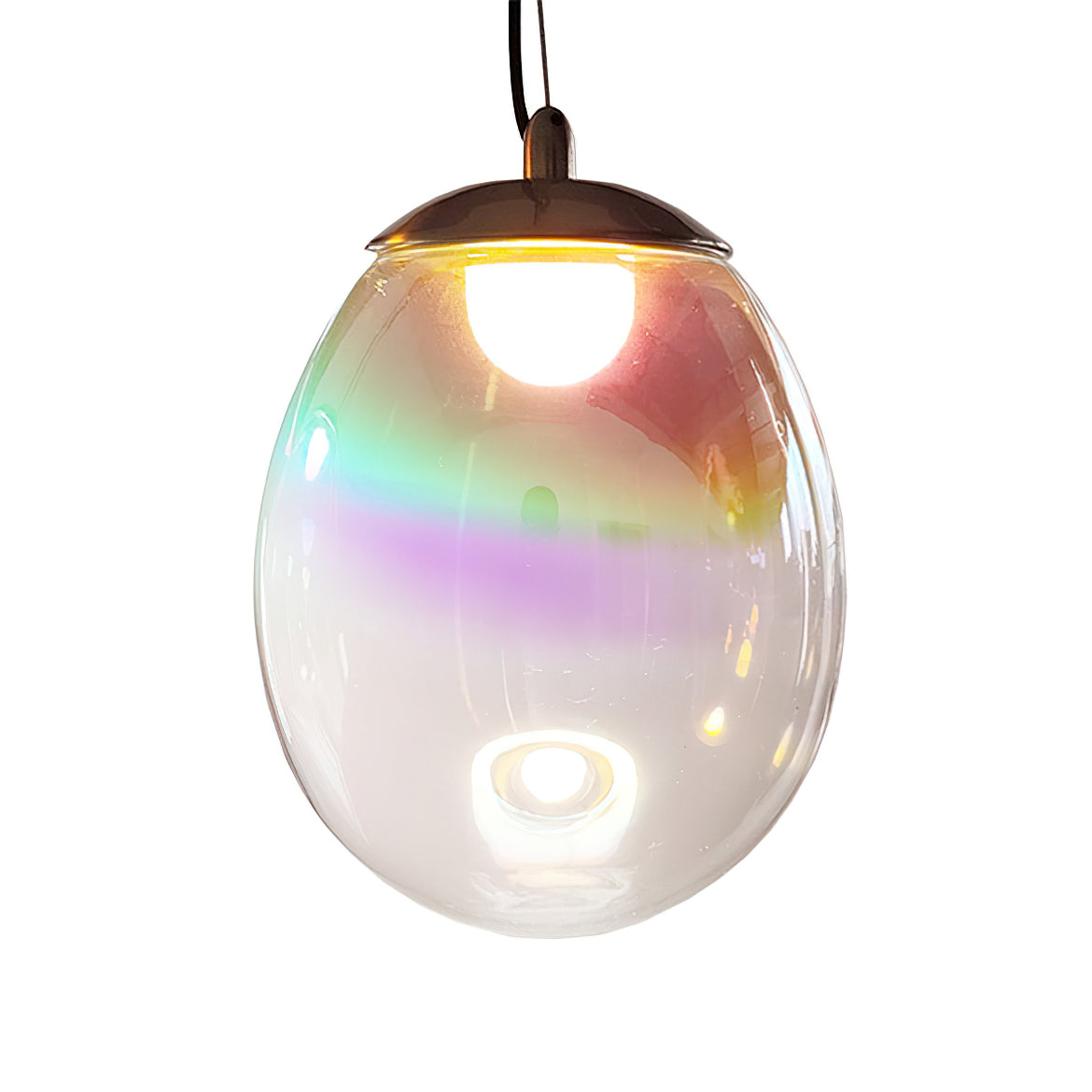 Close view of a lit Clérachic glass pendant, with green, purple and gold colour bands across the clear shade below a dark cap.