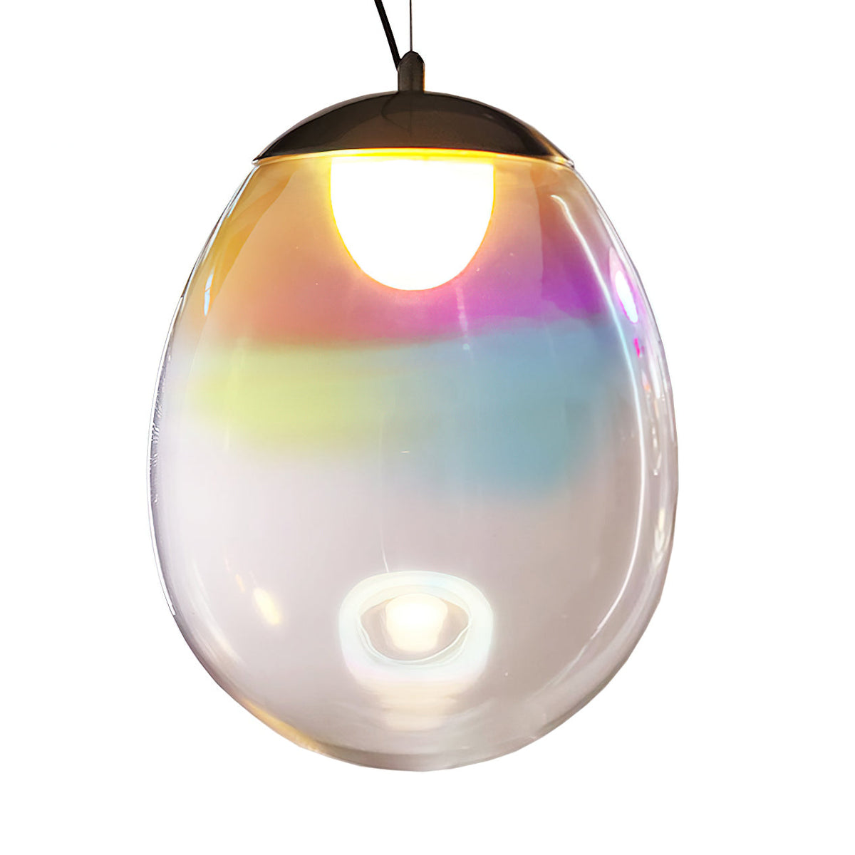 A lit Clérachic glass pendant with a dark domed cap, its clear shade banded in gold, green, pink and blue, with a bulb reflected below.