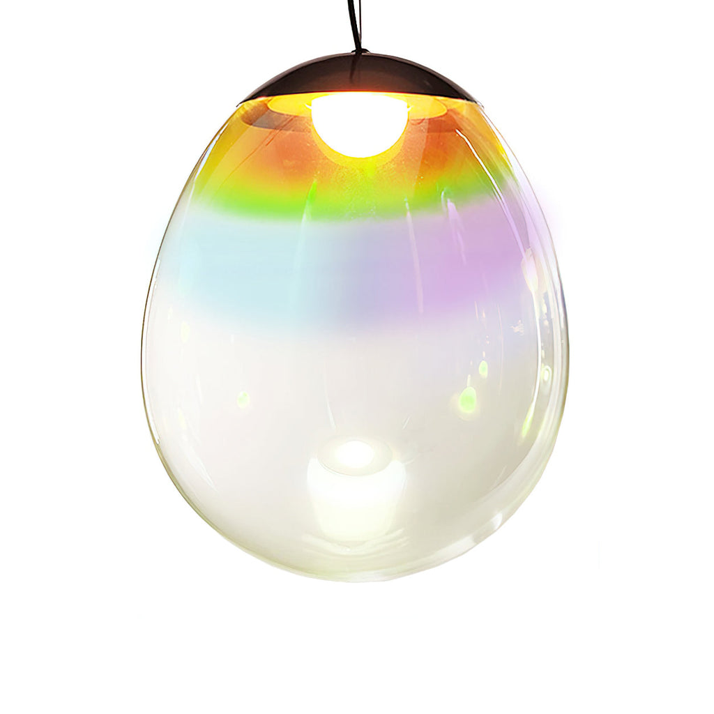 Front view of this Clérachic glass pendant on white, its clear shade graded from gold and green near the top to turquoise and pink.