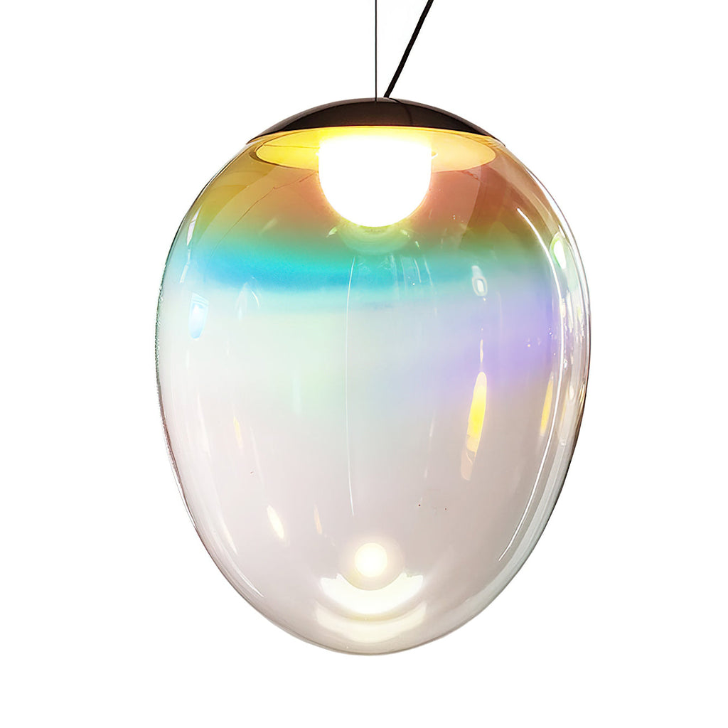 This Clérachic glass pendant lit on white, with a bright bulb under a dark cap and turquoise, gold and pink bands on the clear shade.