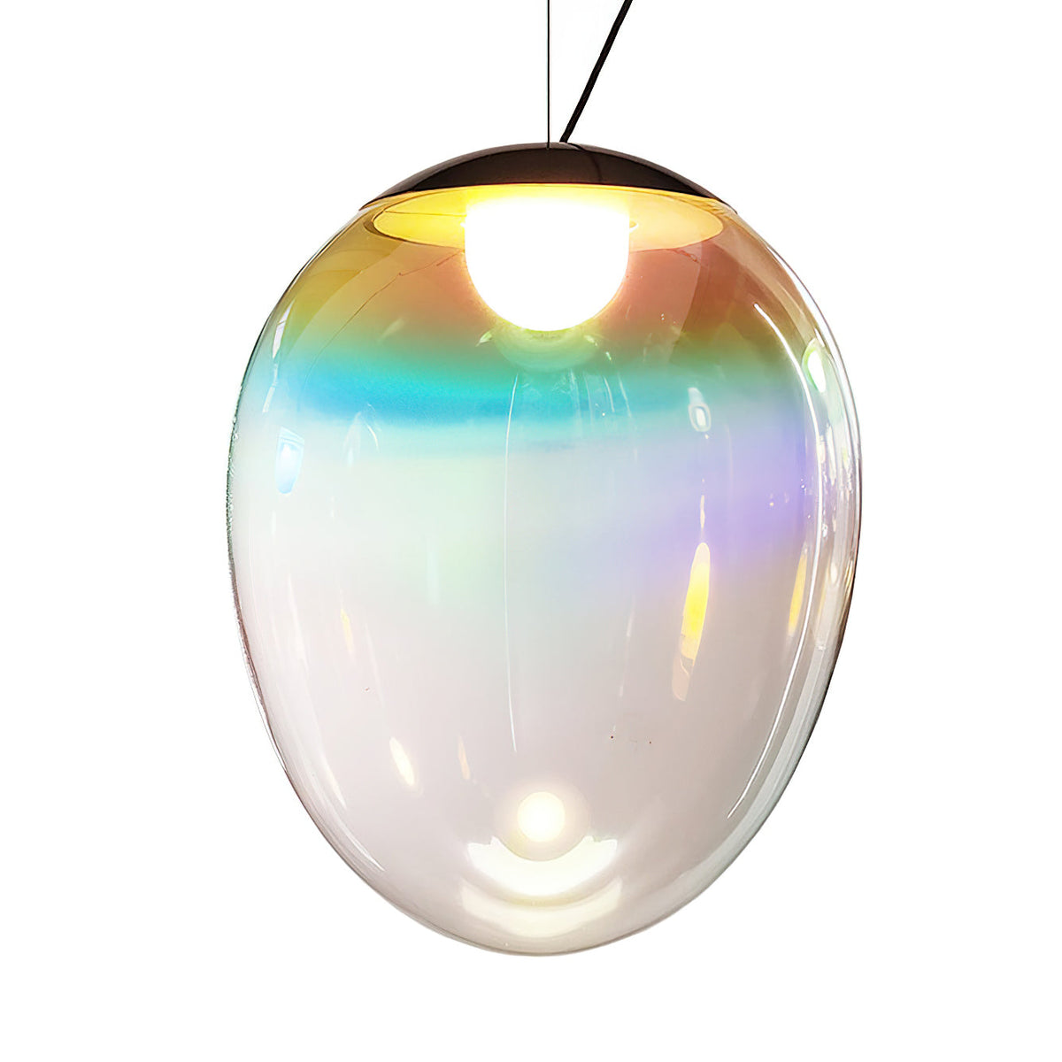 This Clérachic glass pendant lit on white, with a bright bulb under a dark cap and turquoise, gold and pink bands on the clear shade.